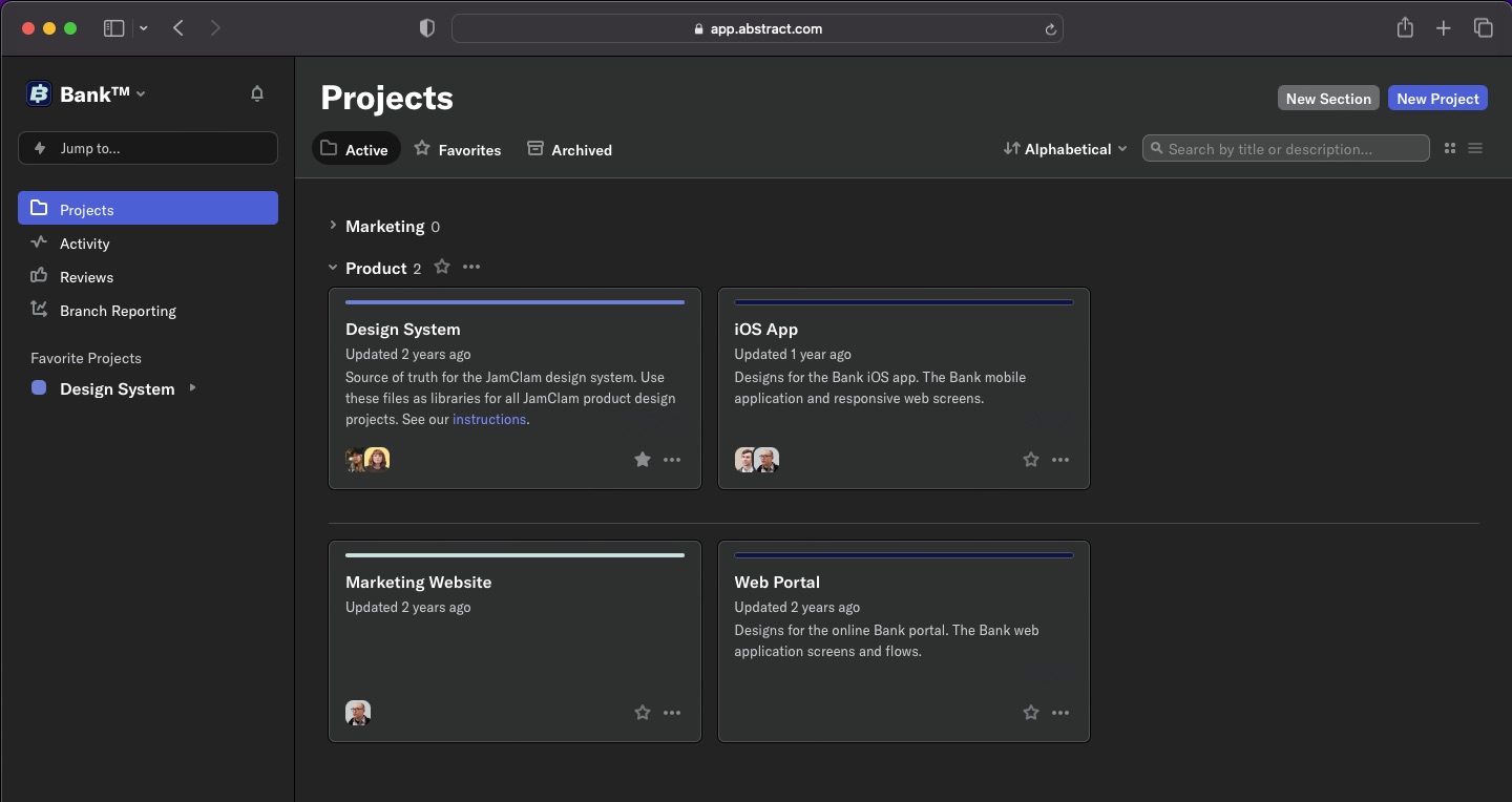 The Abstract web application in dark mode