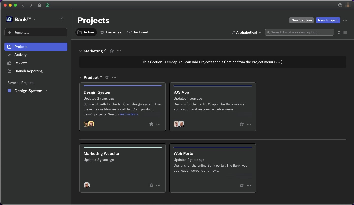 The Abstract desktop application in dark mode